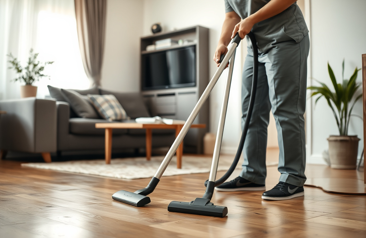 Vacuum cleaning a wood floor — proper weekly attention prevents allergies