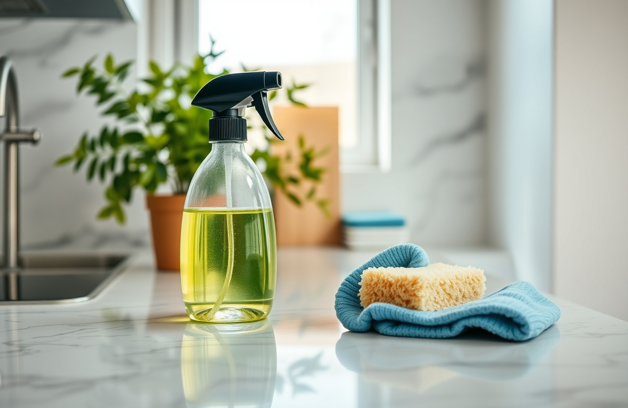 Cleaning kit on a kitchen counter — products and tools change with seasons